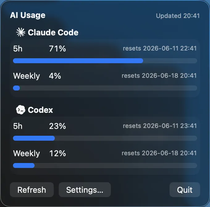 AIUsageBar macOS 菜单栏用量面板